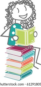 Child or adult sitting on a stack of books to read books