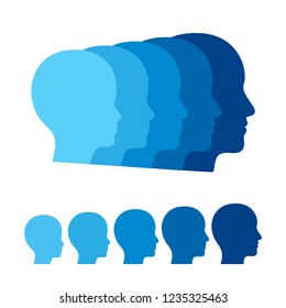 Child to adult transition, boy becoming man. Head profile silhouettes of human age. Vector graphics illustration.