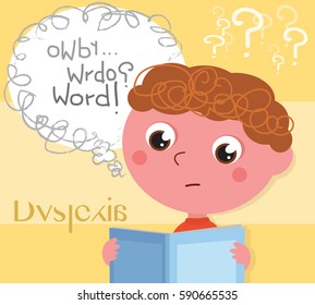 Child Affected By Dyslexia Reading A Book, Vector Illustration