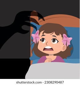 child afraid of the dark, little girl afraid of sleeping alone. vector illustration.