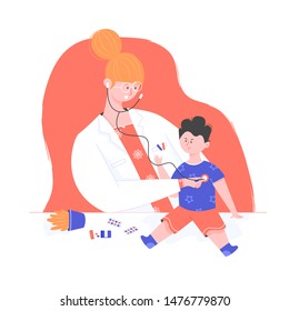 El niño tiene miedo del doctor, mal educado, agresivo chico, en una recepción en el pediatra, pediatra examina al niño personaje plano del vector de caricatura
