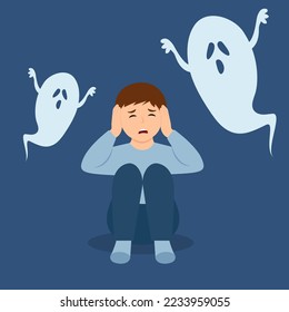  Child is afraid of ghost. Upset boy  next to monster, ghost in dark. Nightmare, fear of dark, phobia.Panic attack, psychology mental health concept. Vector illustration