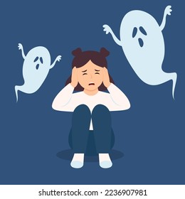  Child is afraid of ghost. Upset girl  next to monster, ghost in dark. Nightmare, fear of dark, phobia.Panic attack, psychology mental health concept. Vector illustration