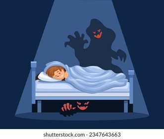 Child Afraid Monster Under Bed While Sleep Scene Illustration Cartoon illustration Vector