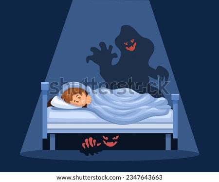Child Afraid Monster Under Bed While Sleep Scene Illustration Cartoon illustration Vector