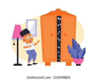 Child afraid of monsters in his closet, flat cartoon vector illustration on white background. Psychological concept of common childhood fears and phobias.