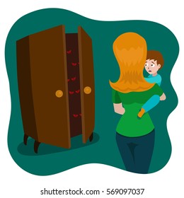 Child afraid of monsters in the room hand drawn vector illustration. Cartoon style