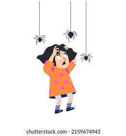 Child afraid of spiders or insects, flat cartoon vector illustration isolated on white background. Scared girl to illustrate common childhood fears and phobias.