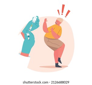 Child Afraid of Vaccination Concept. Little Boy Character Yell, Protecting from Doctor Hands Holding Syringe with Needle and Drug, Kids Health Care, Flu Prevention. Cartoon People Vector Illustration