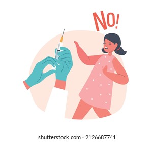 Child Afraid of Vaccination, Seasonal Disease Prevention Concept. Girl Character Protecting from Doctor Holding Syringe with Needle and Drug, Little Kid Say No. Cartoon People Vector Illustration