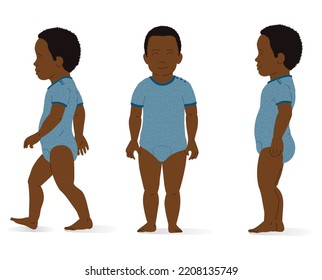 Child of afro ethnic origin, standing and walking, isometric view, full body. Isometric vector illustration.