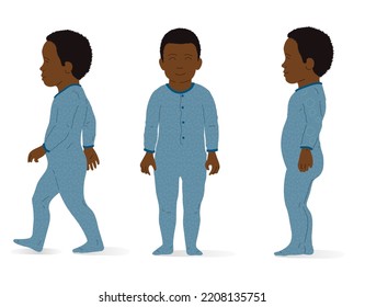 Hijo de origen étnico afro, de pie y caminando, vista isométrica, cuerpo completo. Isométrica ilustración vectorial.