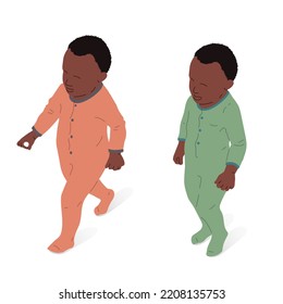 Hijo de origen étnico afro, de pie y caminando, vista isométrica, cuerpo completo. Isométrica ilustración vectorial.