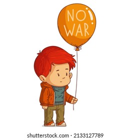 A Child against War, isolated vector illustration. Cute little boy, holding a balloon with NO WAR text. A kid character. Antiwar concept. Pacifist demonstration. Peaceful protest