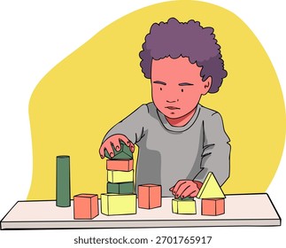 Uma criança de 2 a 3 anos está brincando com blocos. Ilustração vetorial.