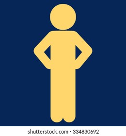 Child Akimbo vector icon. Style is flat symbol, yellow color, rounded angles, blue background.