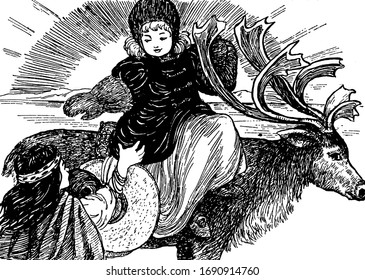 A child alighting from back of animal, female standing near animal, vintage line drawing or engraving illustration