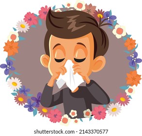 
Child with Allergies Suffering During Springtime Vector Cartoon. Boy feeling unwell during spring season because of allergy to pollen
