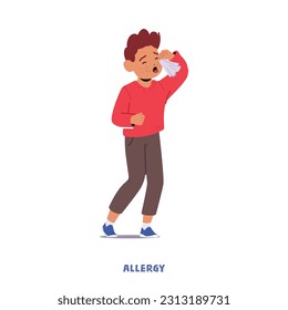 Child With Allergy, Young Boy Character Experiences Adverse Reactions To Certain Substances Or Allergens, Causing Symptoms Such As Sneezing, Or Difficulty Breathing. Cartoon People Vector Illustration