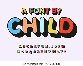 Child alphabet color abc playful font with contour for comic art type, kids zone text, toy logo, children birthday headline, cartoon lettering, kid game branding and merch, baby education letters