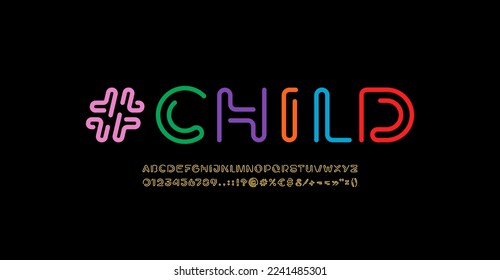 Child alphabet font from color wire, letters and numbers, vector illustration 10EPS