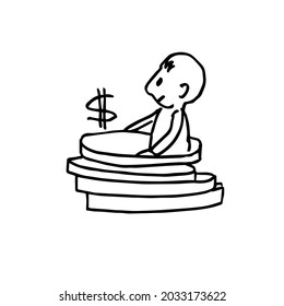 A child among the coins. The concept of financial literacy among children. A hand-drawn cute character. Sketch. Vector illustration