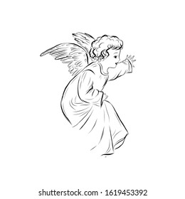 Child angel. Biblical heavenly symbol of man with wings. Decor for greeting retro cards for Christmas, Easter and other religious holidays. Illustration for children's tales.