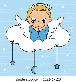 Child angel card on top of the cloud