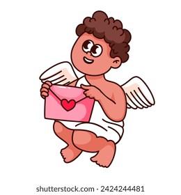 Child angel with envelope, sitting. Groovy cartoon character, smiling, holding present or message. Funny sticker cupid mascot of Valentine's Day, vector illustration.