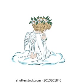 child angel praying, drawing for christmas card, religious symbol