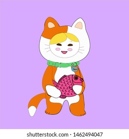 Child in animal costume holding a fish.Vector illustration: child in cat costume in lilac background.