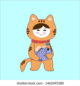 Child in animal costume holding a fish.Vector illustration: child in tabbby cat costume in blue background.