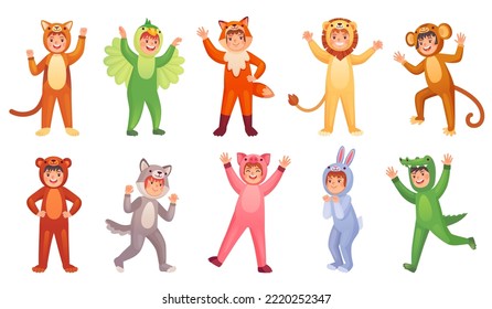 Child animal suit. Children action in cute animals carnival costumes, kid disguised party funny baby cosplay of zoo mascot costumed crocodile infant, ingenious vector illustration of action costume