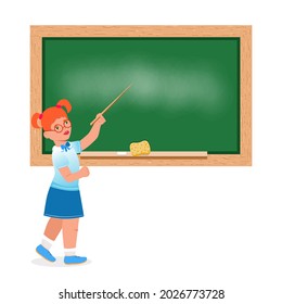 The child answers in the lesson near the blackboard. Check of knowledge. Back to school. Vector. Cartoon style
