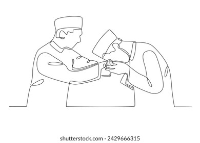 A child apologizes to his father. Eid al fitr one-line drawing