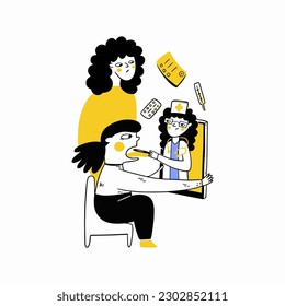 child at the appointment with a pediatrician in the phone, online medical consultation concept