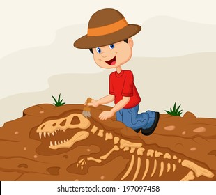 Child archaeologist excavating for dinosaur fossil