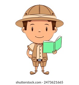 Child archaeologist holding book, cute, boy