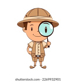 Child archaeologist holding magnifying glass