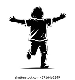 Niño con los brazos abiertos silueta, mirando hacia arriba con los brazos anchos, alegría pura e inocencia, abrazando la vida, aislado en el fondo blanco.