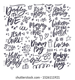 Child arrival party hand drawn messages collection. Baby shower party banner calligraphy with black ink doodle sketch. Congratulations on girl, son birth greeting card handwritten inscriptions