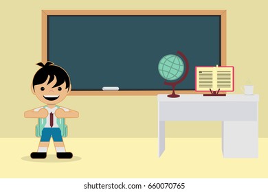 Child arrives in the classroom. first day of class