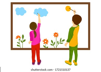 Educación en el hogar de arte infantil. Los niños están dibujando. Escolarización. Pupil hace su máscara en el escritorio. El cuadro es colorido. El chico y la chica están haciendo sol, nubes, flores.  Ilustración plana.