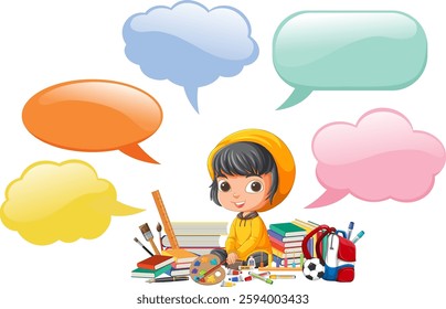 A child with art supplies and colorful speech bubbles