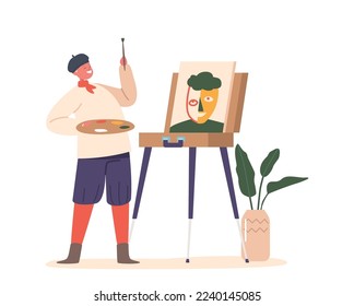 Child in Artist Cap Stand with Palette and Bush front of Easel Painting Abstract Portrait. Little Boy Character Drawing In Art Studio Create Pictures On Canvas. Cartoon People Vector Illustration