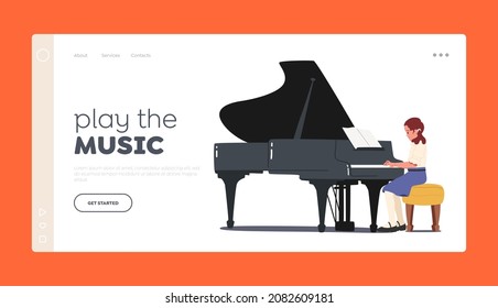 Child Artist Performing on Scene Landing Page Template. Little Girl Pianist Character Playing Music on Grand Piano for Symphonic Orchestra or Opera Performance on Stage. Cartoon Vector Illustration