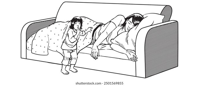 A child asked to not make noise because his mother was sleeping on the sofa. 
Illustration in black and white and vector format. Please note that this illustration is not AI Generated content.