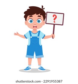 The child asks, a boy with a sign in his hands, a question mark