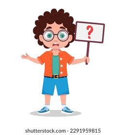 El niño pregunta, un niño con una señal en las manos, un signo de interrogación