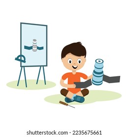 child assambles satellite. Vector illustration